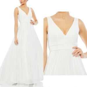 NWT $398 Mac Duggal 55272 LAYERED 8 TULLE CHIFFON BALL GOWN White